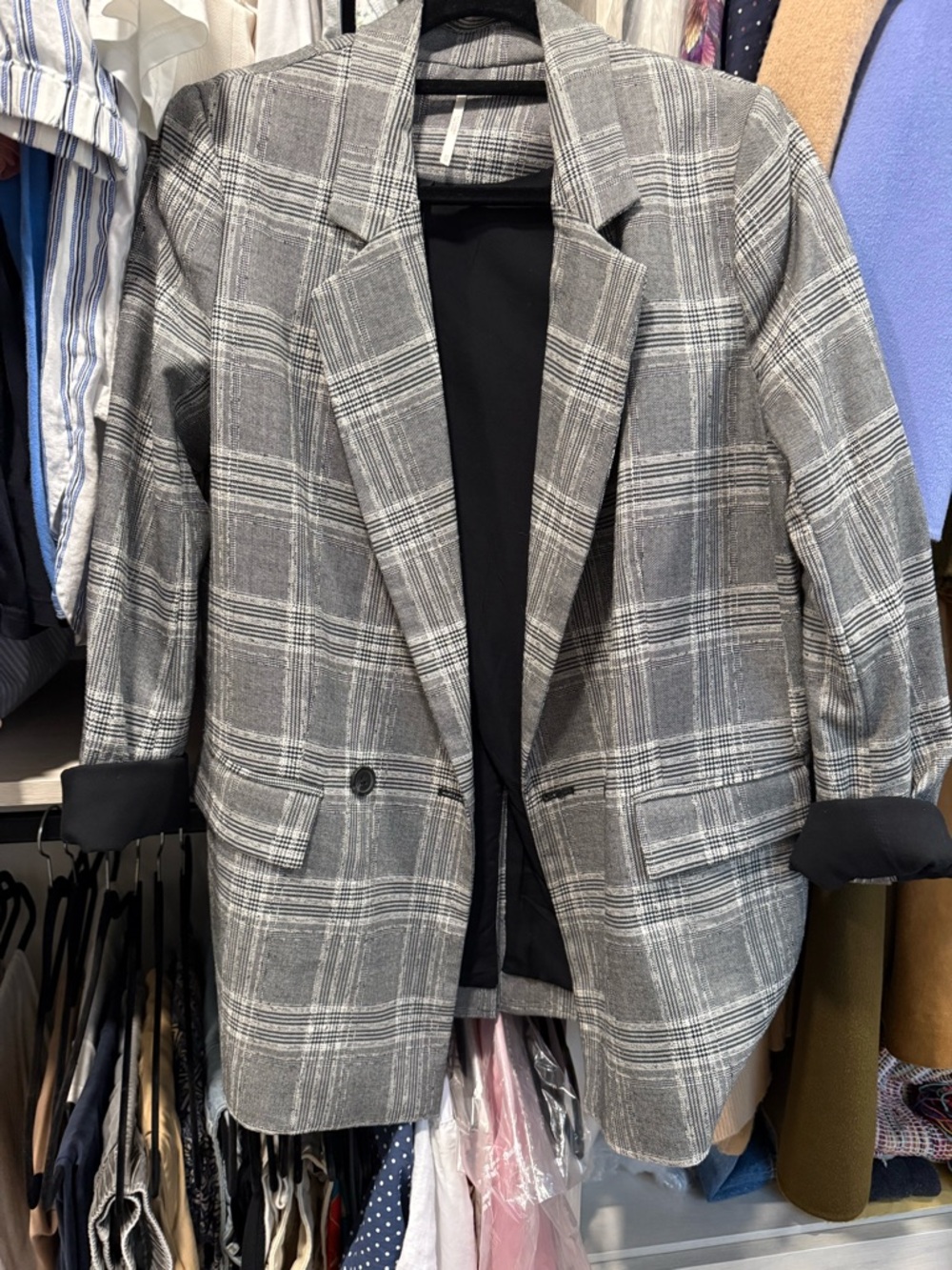 Free People Gray Plaid Oversized Blazer